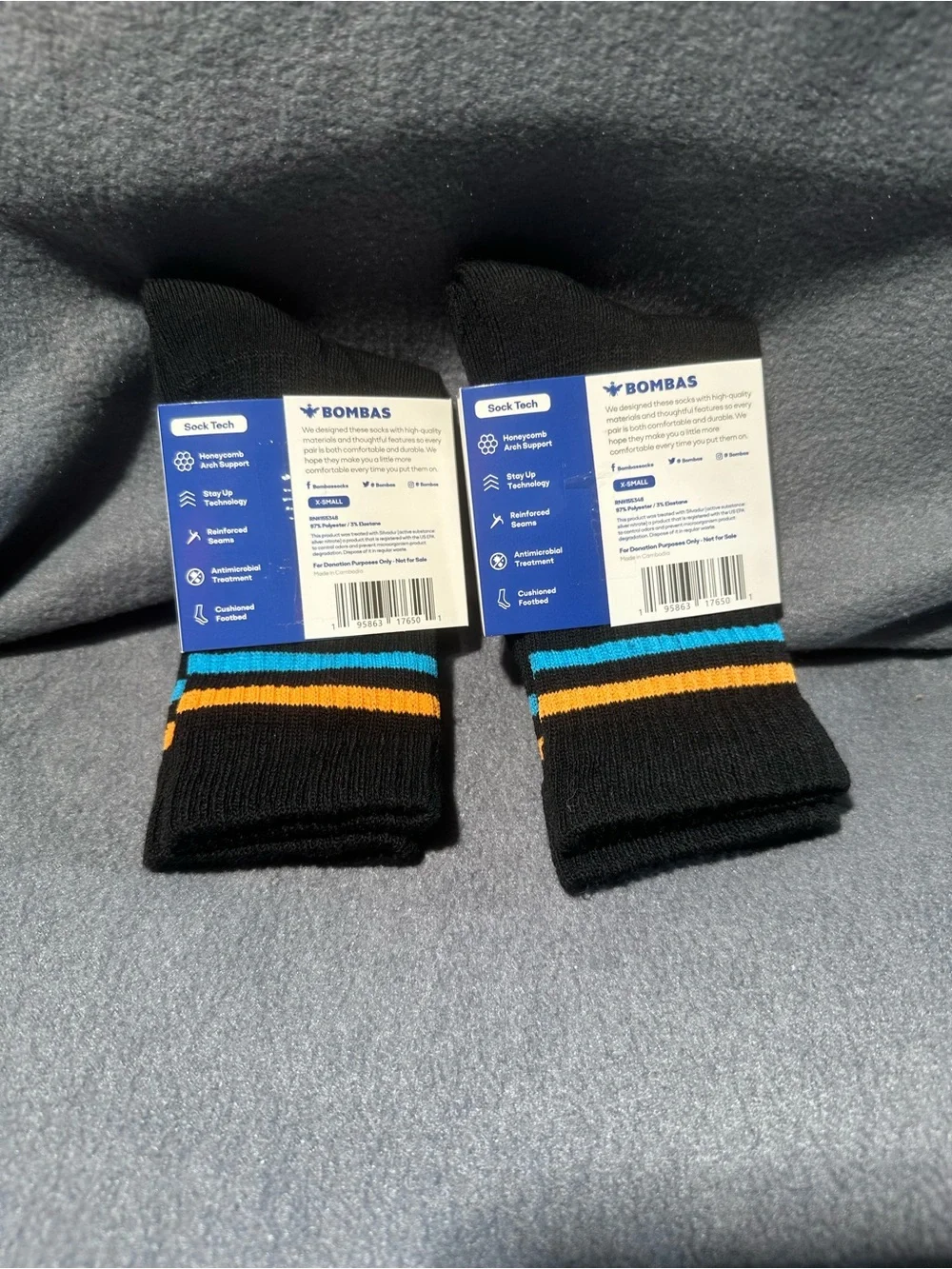 Bombas Black Crew Socks with Blue and Orange Stripe Accents